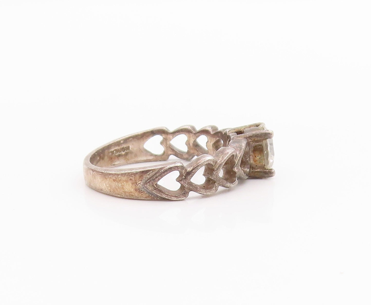 925 Sterling Silver Vintage Ring Antique Topaz Hearts Cutout Band  Sz 7  RG33135