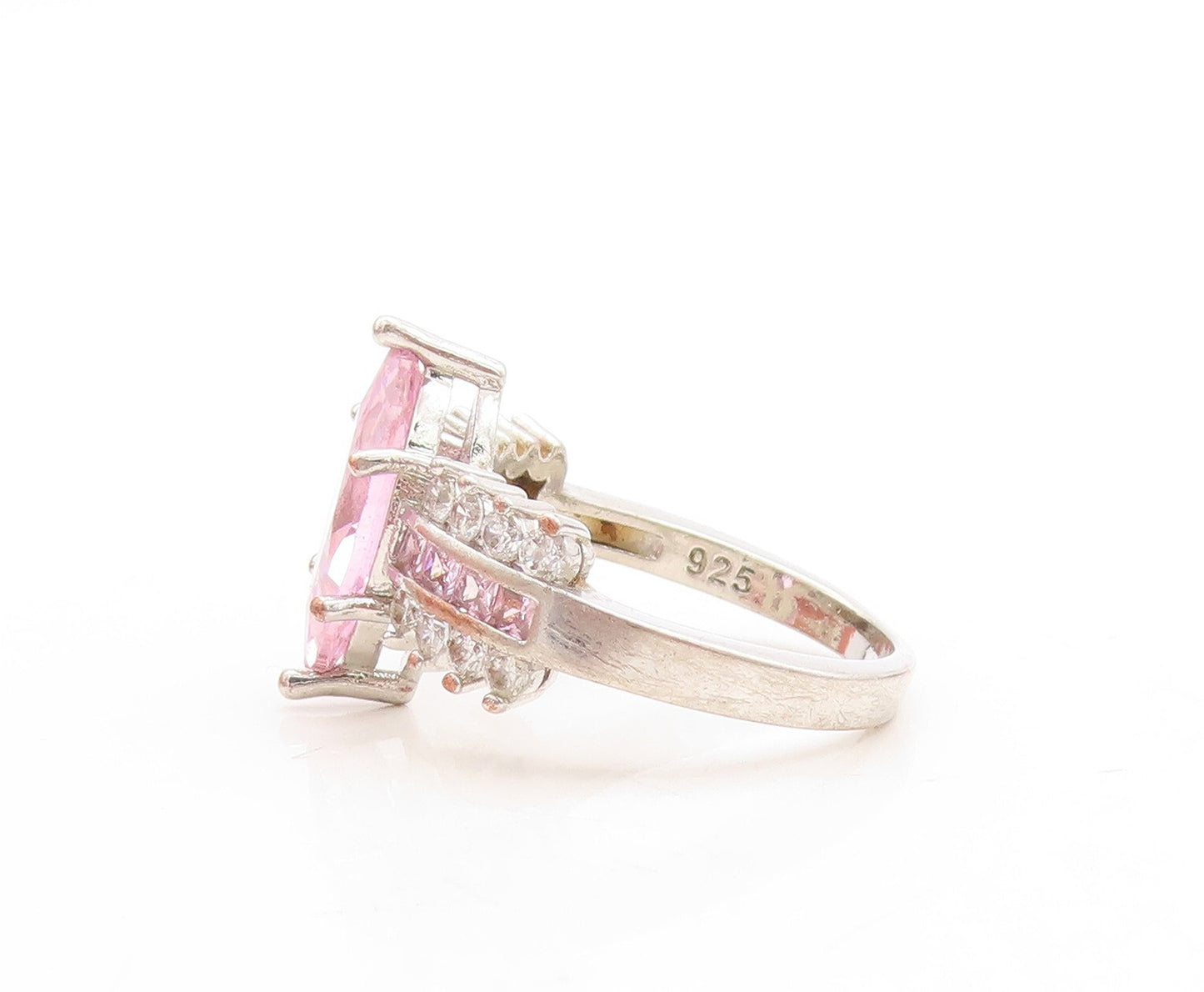 925 Sterling Silver Vintage Ring Marquise Cut Pink & White CZ   Sz 8  RG31494