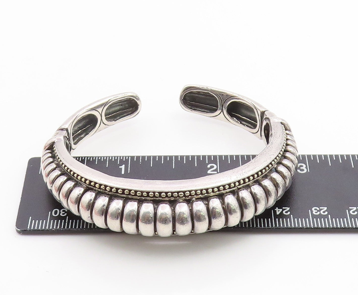 925 Sterling Silver Vintage Bracelet Modernist Solid Ribbed Beaded Cuff  BT12014