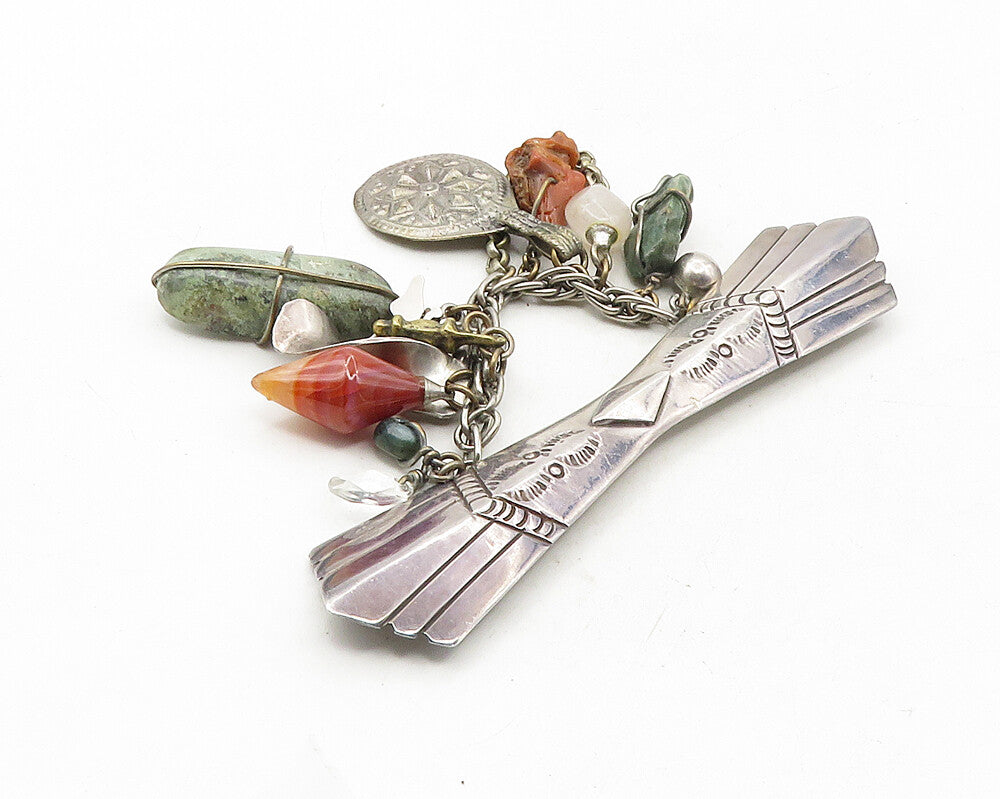 MEXICO 925 Silver  Vintage Antique Agate Turquoise & Topaz Brooch Pin  BP4099