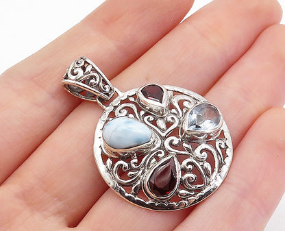 925 Sterling Silver  Larimar Garnet & Blue Topaz Round Swirl Pendant  PT5924