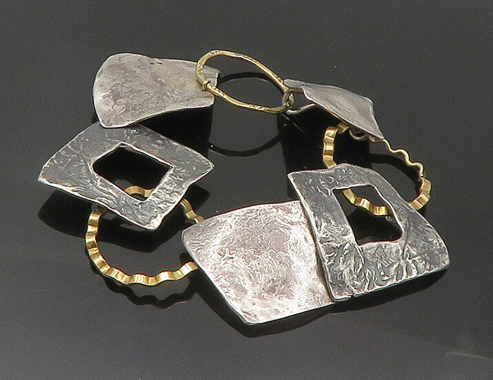 925 Silver & 14K GOLD  Vintage 2 Tone Sculpted Modernist Chain Bracelet BT7763