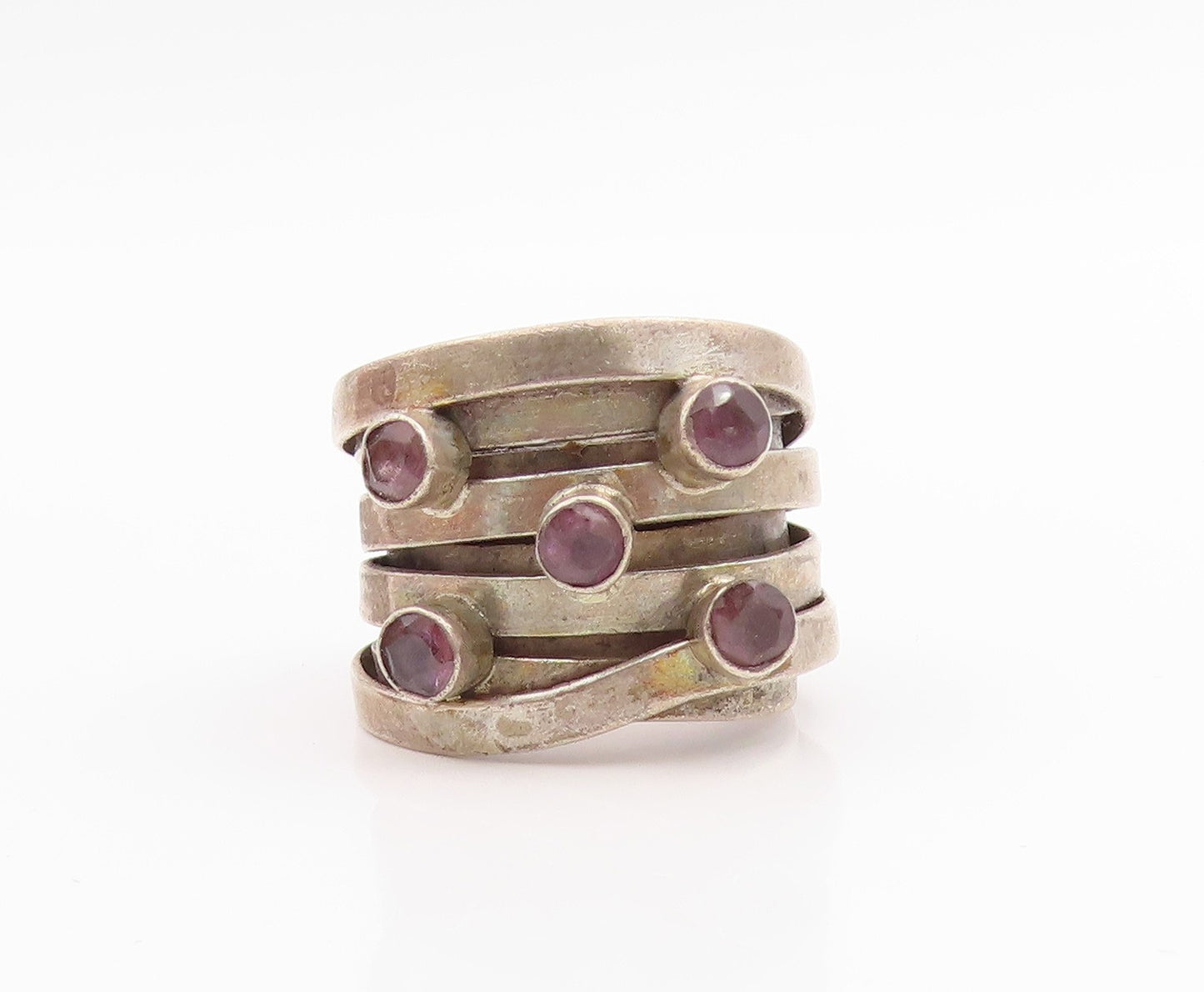 925 Sterling Silver Vintage Ring Amethyst Multi Row Stacking Band Sz 7.5 RG33803