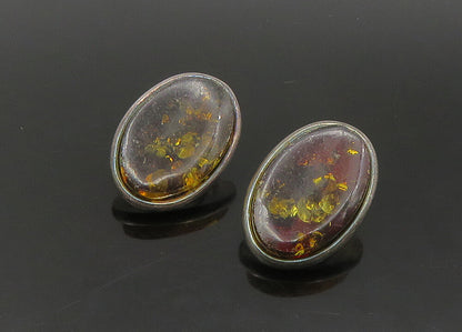 925 Sterling Silver   Vintage Amber Dark Tone Oval Drop Earrings  EG11288