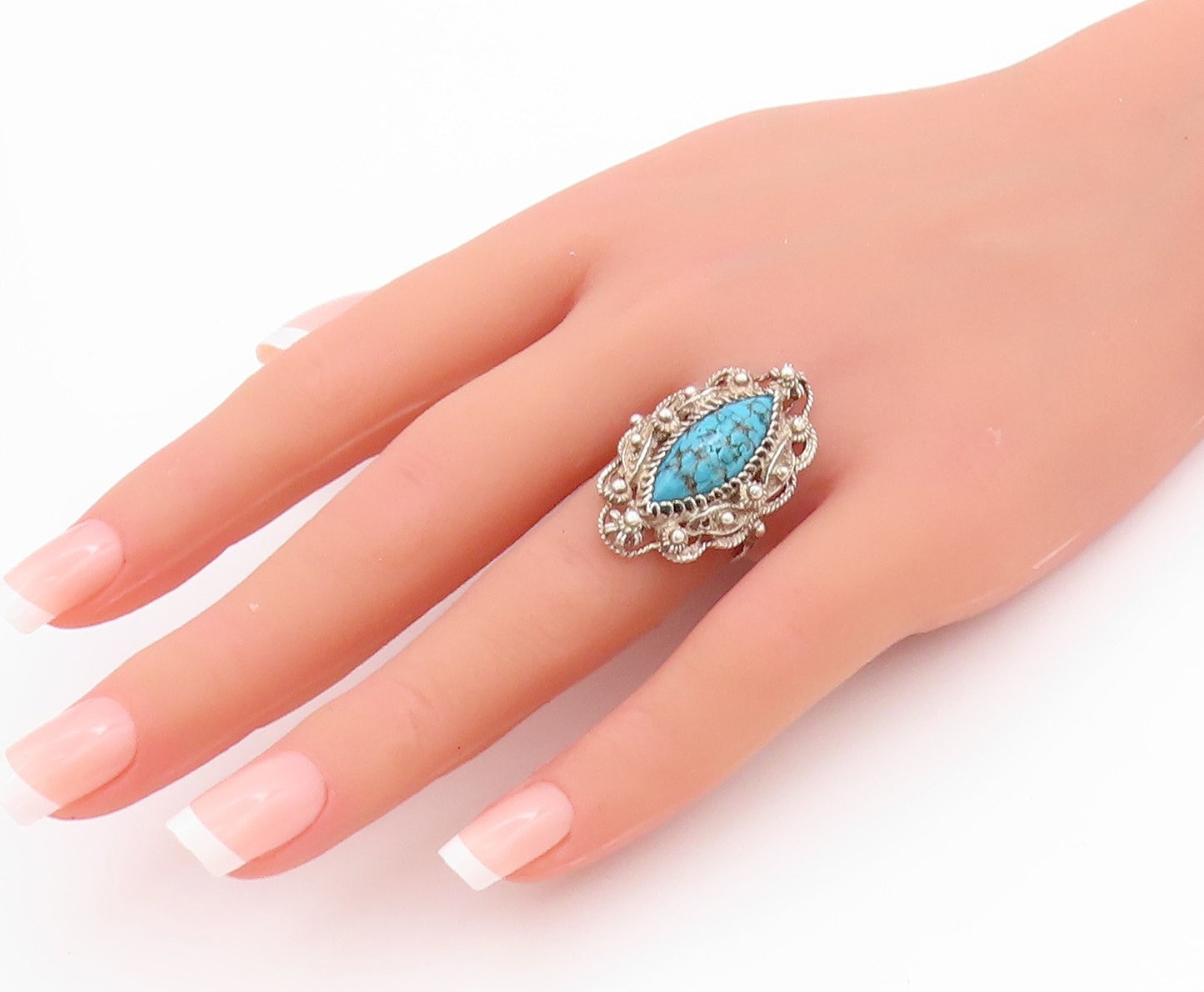 925 Sterling Silver Vintage Ring Turquoise Twisted Floral Cutout  Sz 6  RG33436
