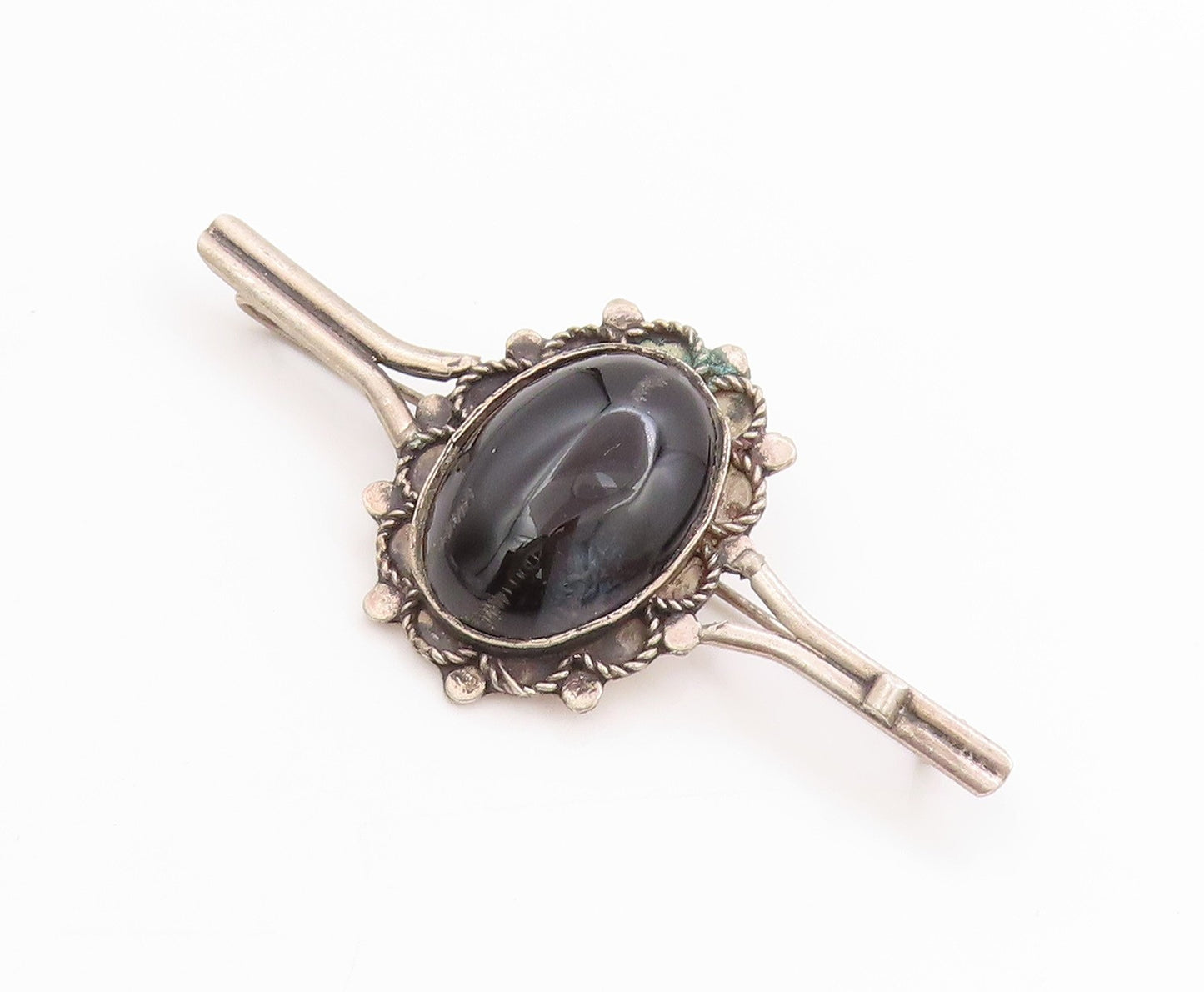 925 Sterling Silver Vintage Brooch Cabochon Onyx Middle East Floral Pin  BP11846