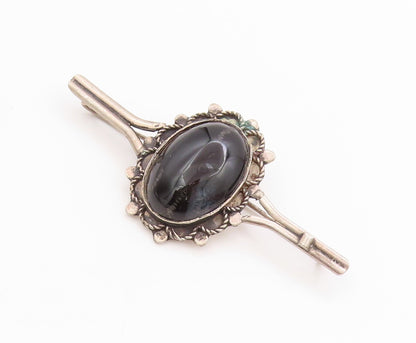925 Sterling Silver Vintage Brooch Cabochon Onyx Middle East Floral Pin  BP11846
