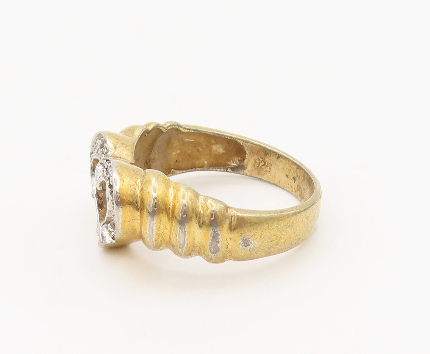 925 Sterling Silver Vintage Ring Gold Plate Carved CZ Love Heart Sz 6  RG27654