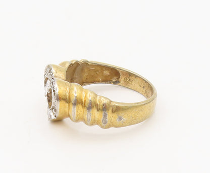 925 Sterling Silver Vintage Ring Gold Plate Carved CZ Love Heart Sz 6  RG27654