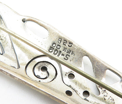 MEXICO 925 Sterling Silver Vintage Dark Tone Cutout Pattern Brooch Pin BP2397