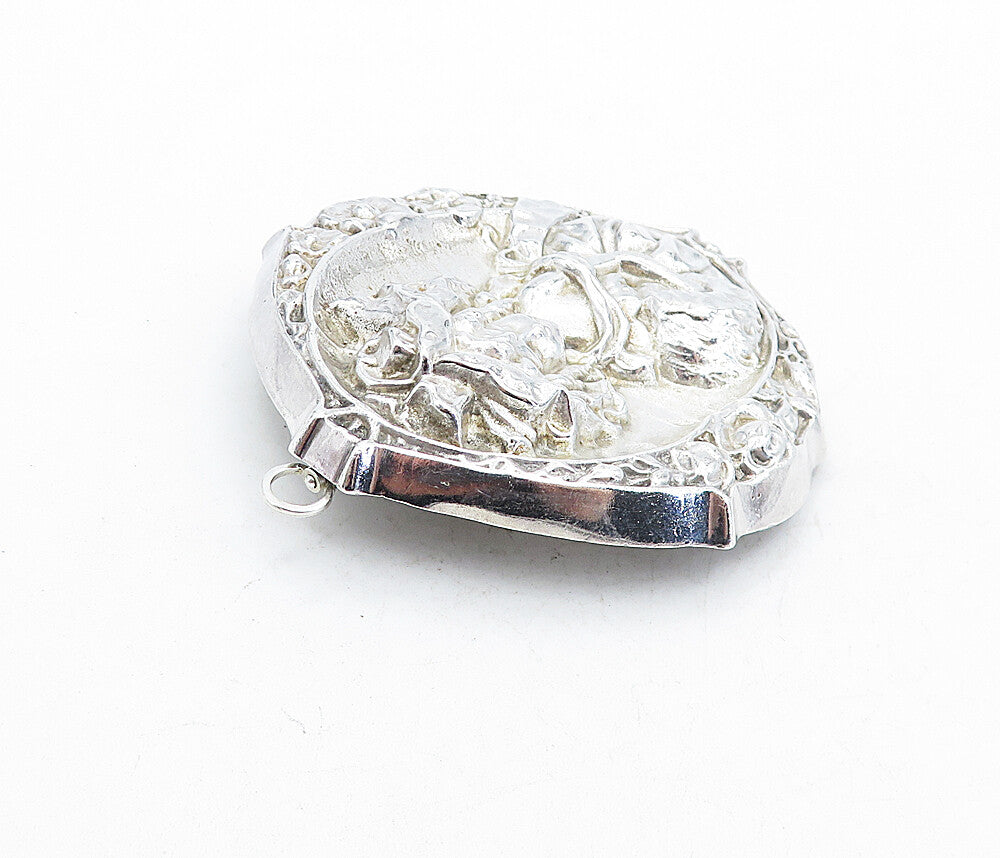 925 Sterling Silver  Vintage Woman Figure Floral Border Brooch Pin  BP1866