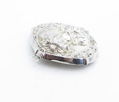 925 Sterling Silver  Vintage Woman Figure Floral Border Brooch Pin  BP1866