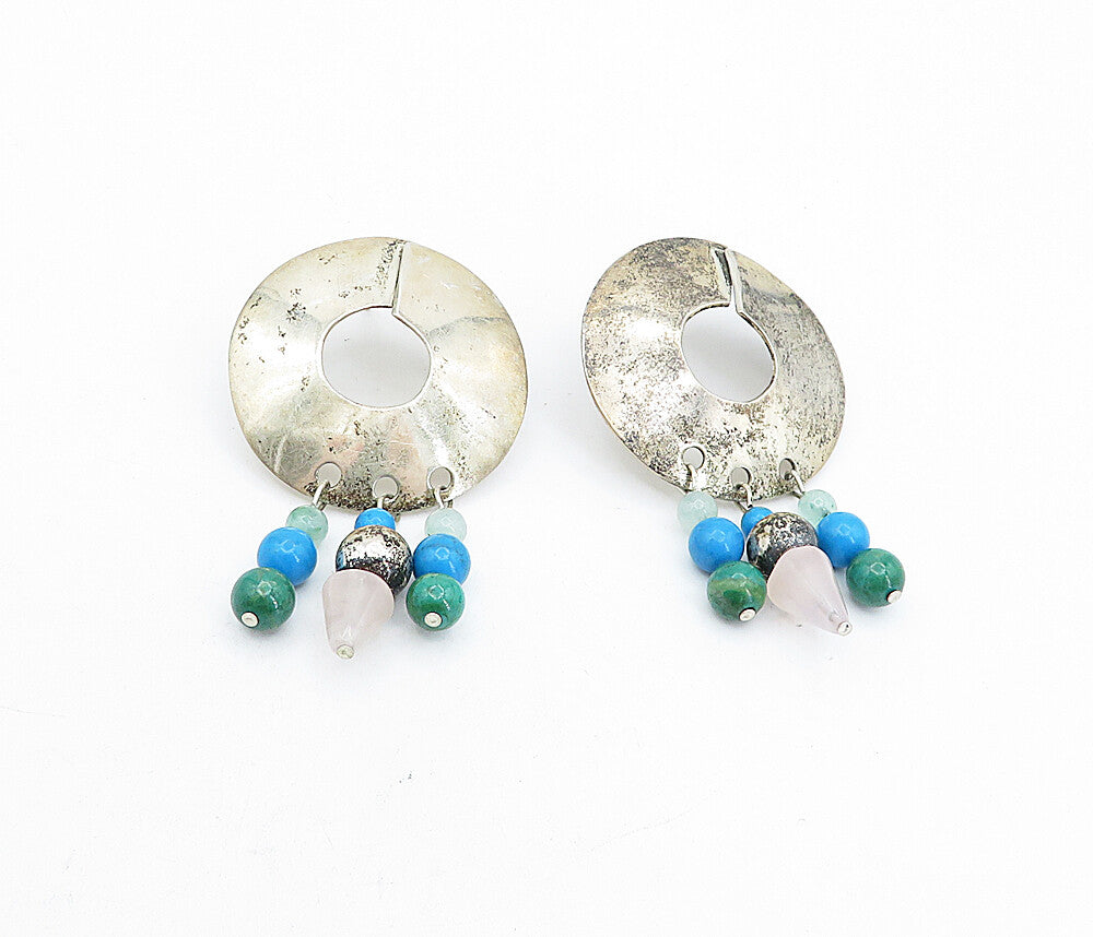 925 Sterling Silver  Vintage Turquoise & Quartz Beaded Dangle Earrings  EG2661