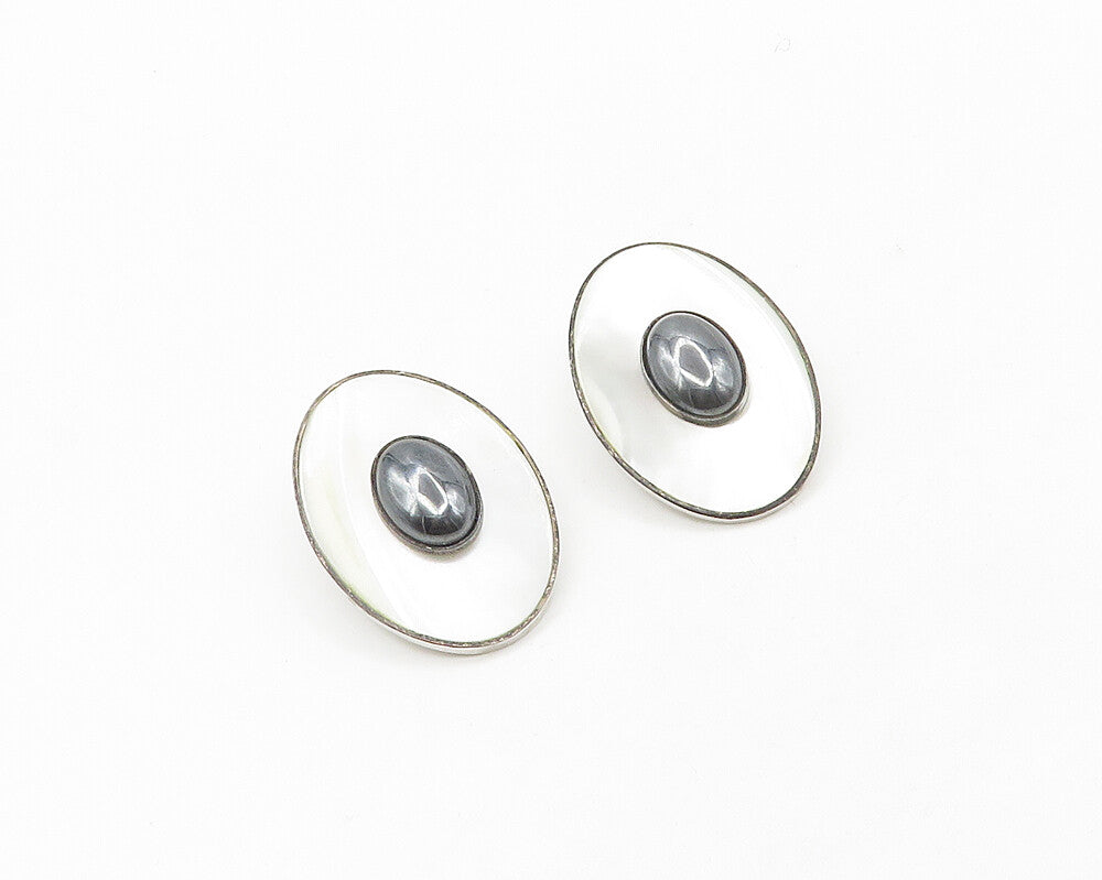 925 Sterling Silver  Mother Of Pearl & Hematite Non Pierce Earrings  EG9100