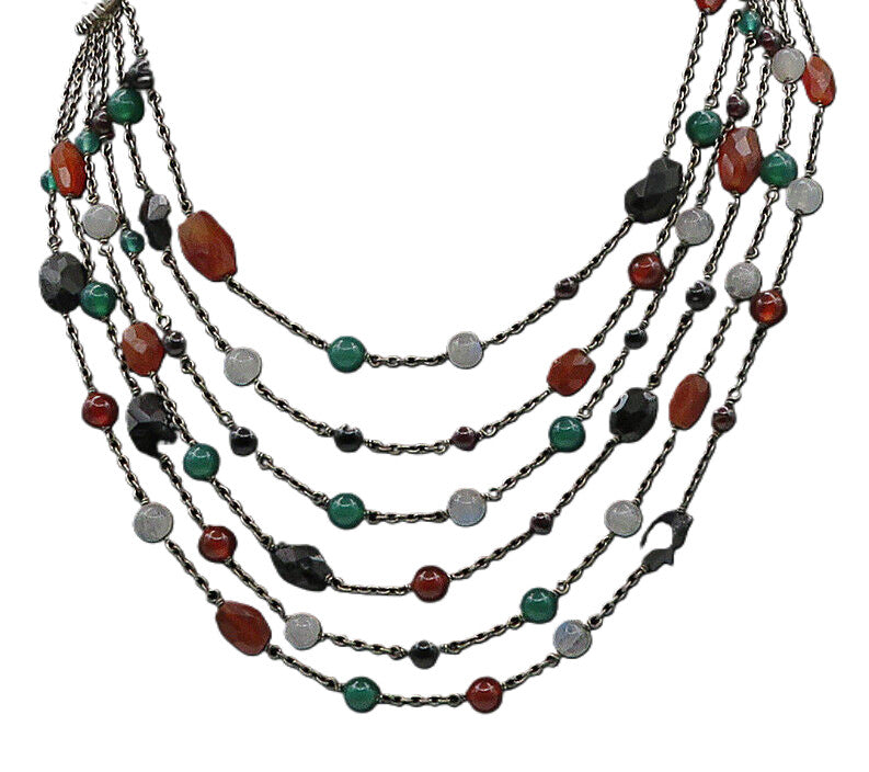 925 Sterling Silver  Vintage Onyx Carnelian & Moonstone Chain Necklace  NE3769