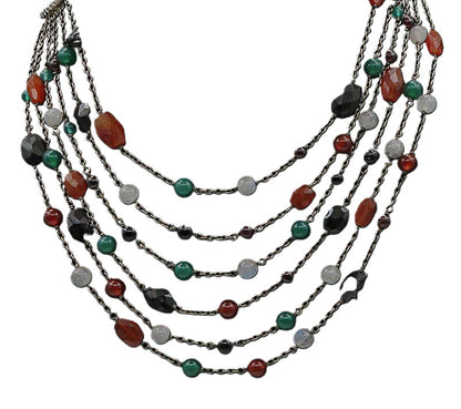 925 Sterling Silver  Vintage Onyx Carnelian & Moonstone Chain Necklace  NE3769