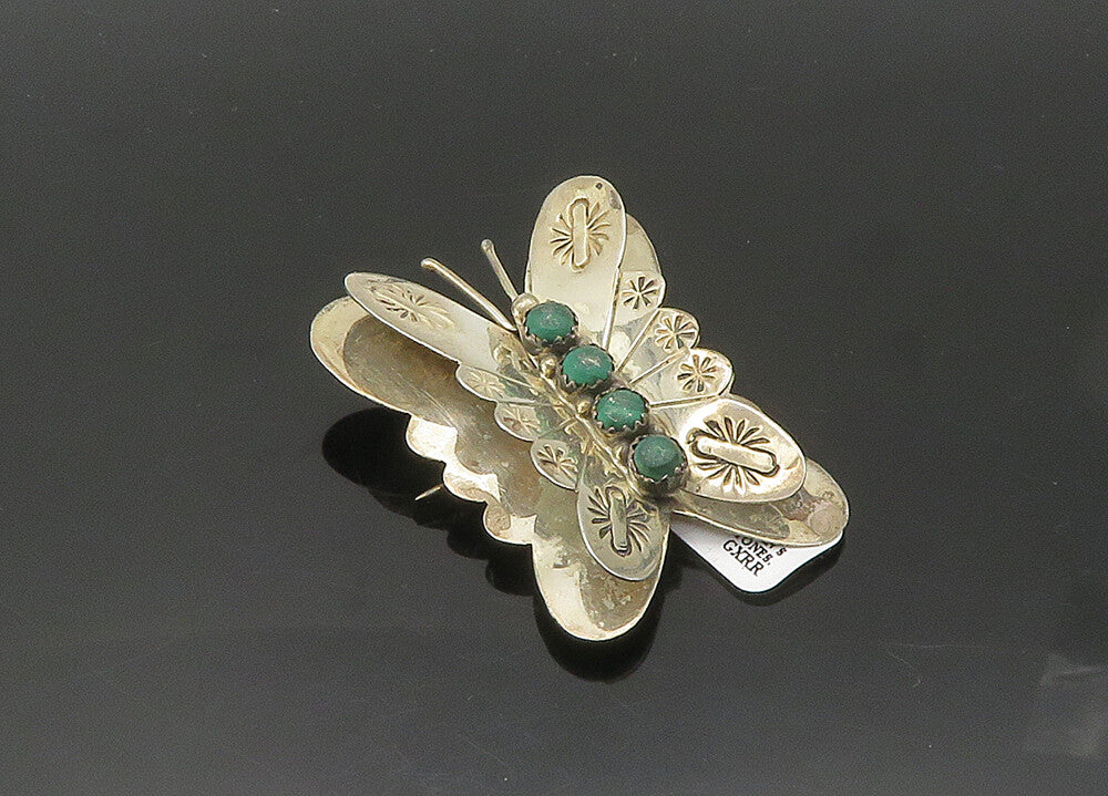 SOUTHWESTERN 925 Silver Vintage Malachite Butterfly Motif Brooch Pin BP7789