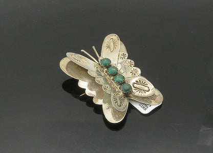 SOUTHWESTERN 925 Silver Vintage Malachite Butterfly Motif Brooch Pin BP7789