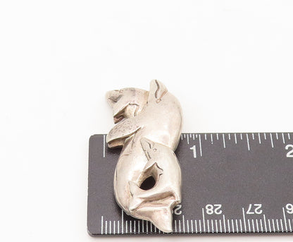 925 Sterling Silver Vintage Brooch Pin Carved Swimming Dolphin's Family  BP10609