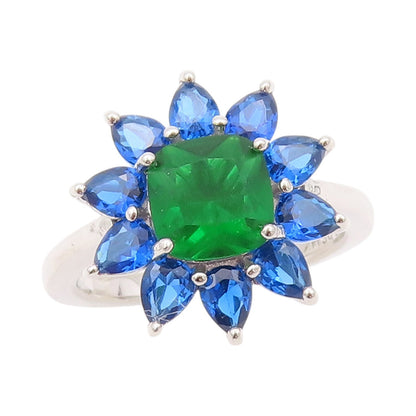 925 Sterling Silver Vintage Ring Green & Blue Gemstone Flower  Sz 7  RG32452