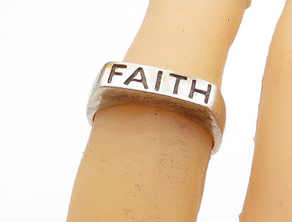 925 Sterling Silver Vintage Faith Stamped Square Dome Band Ring Sz 6 RG4473