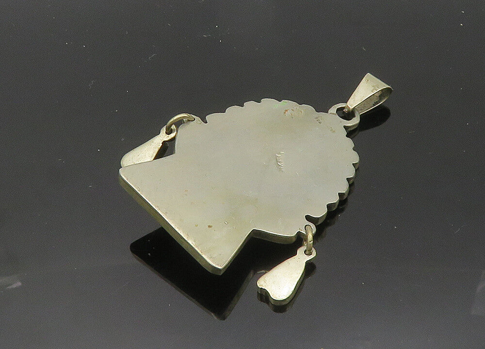 MEXICO 925 Silver Vintage Face Carved Obsidian & Multi Stone Pendant PT16768