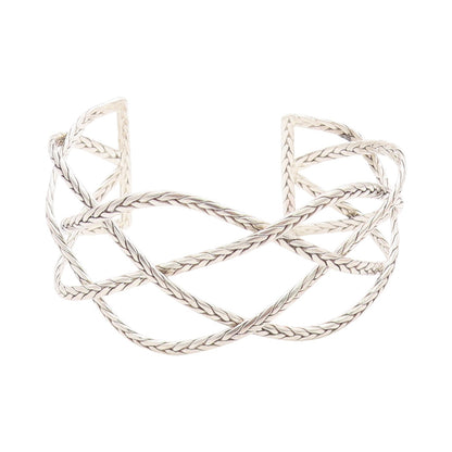 925 Sterling Silver Vintage Bracelet Cutout Breaded Ropes Woven Cuff  BT11357