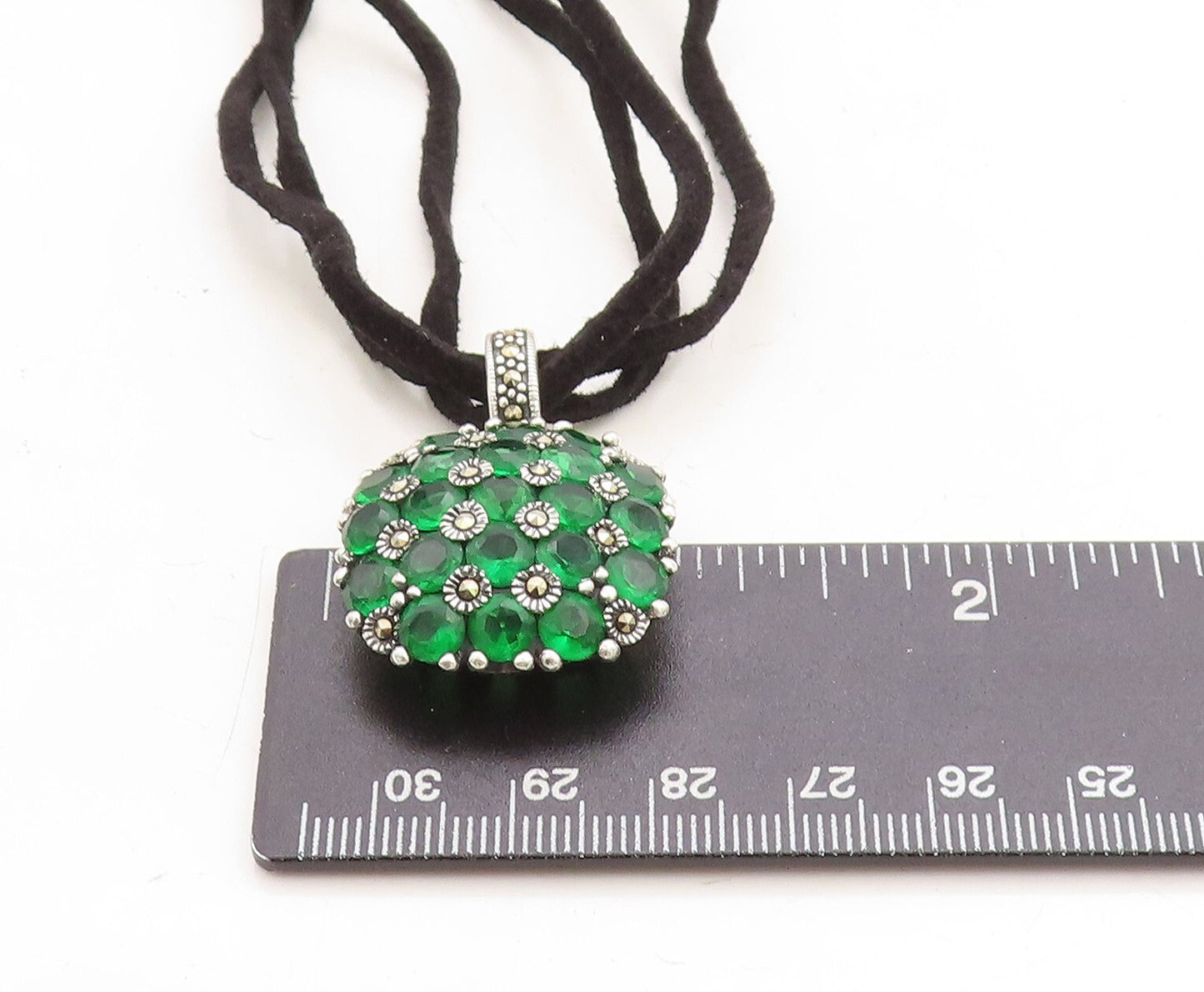 925 Sterling Silver  Green Topaz & Marcasite Suede Chain Necklace  NE2130