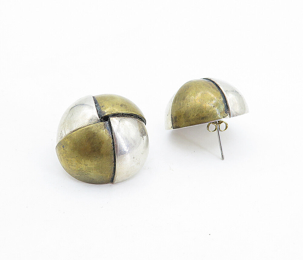 MEXICO 925 Sterling Silver Vintage Two Tone Dome Button Drop Earrings EG2883