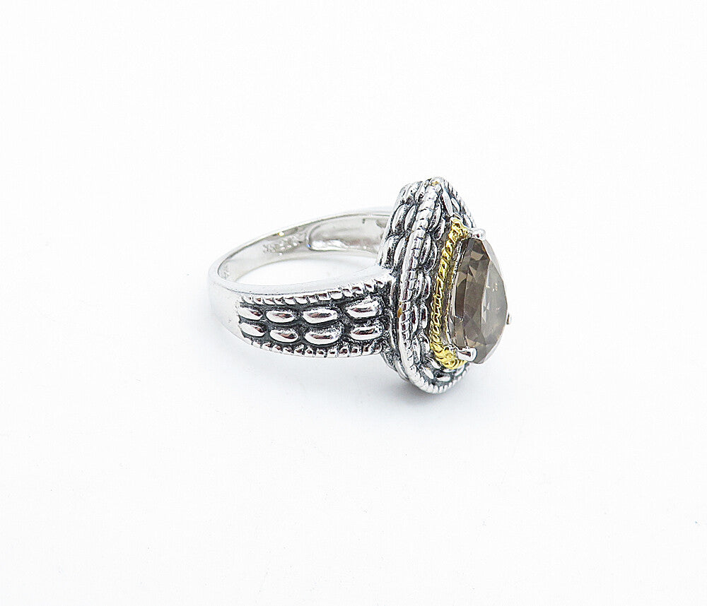 925 Silver & 18K GOLD  Tear Drop Smoky Topaz Twist Solitaire Ring Sz 5  RG3944