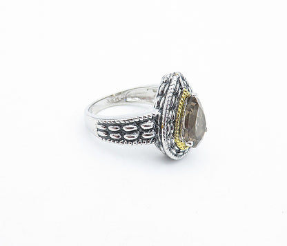 925 Silver & 18K GOLD  Tear Drop Smoky Topaz Twist Solitaire Ring Sz 5  RG3944