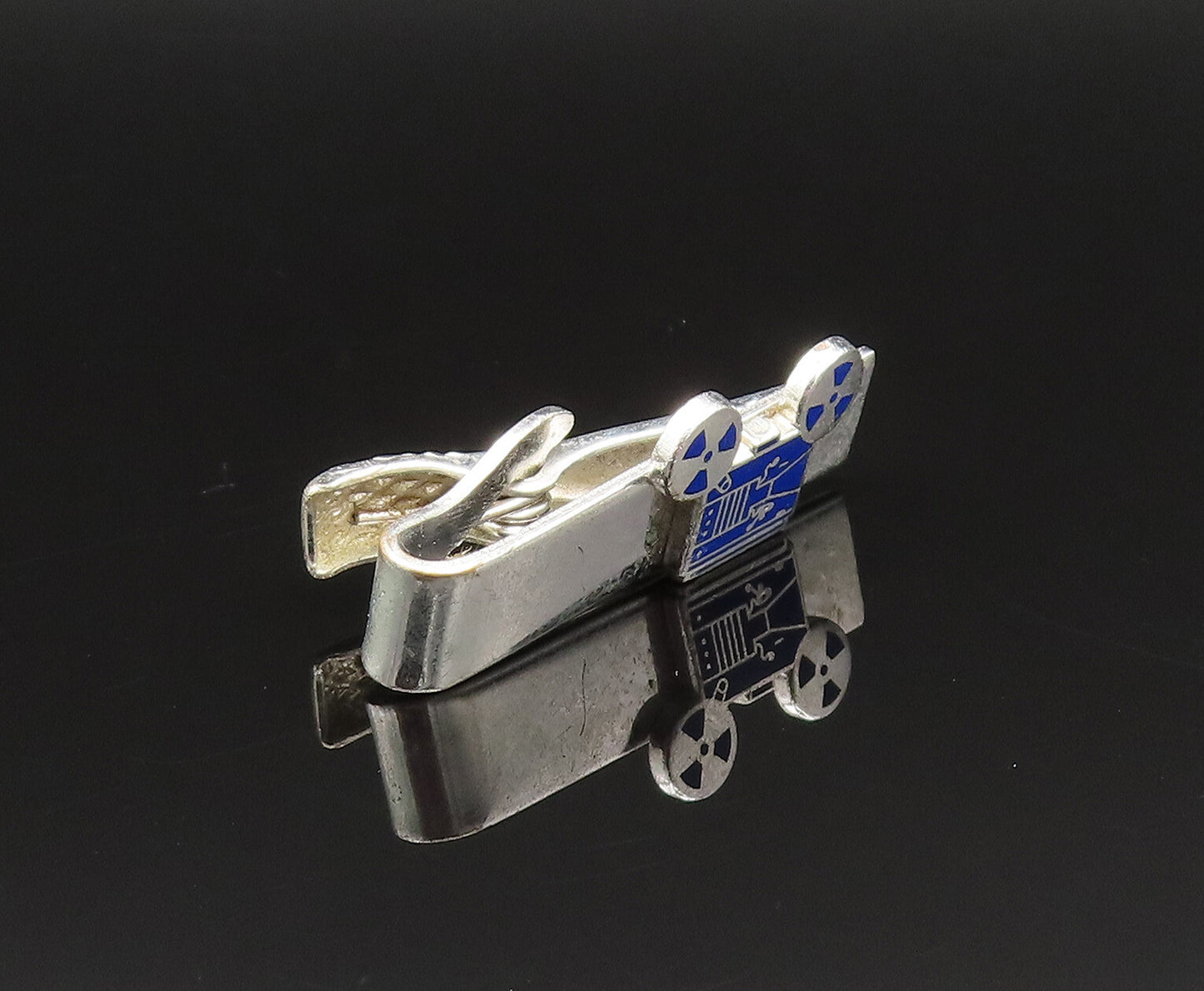 925 Sterling Silver  Vintage Blue Enamel Old Motion Film Tie Clip  TR3341