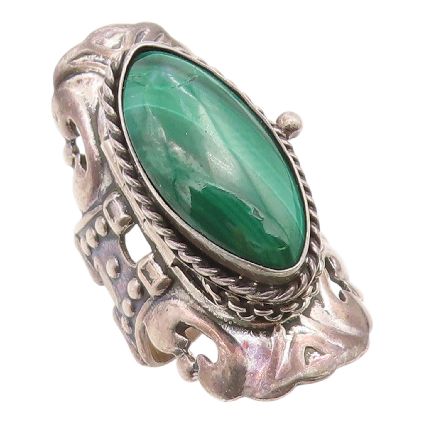 925 Sterling Silver Vintage Ring TAXCO MEXICO Malachite (OPENS)  Sz 6.5  RG35428