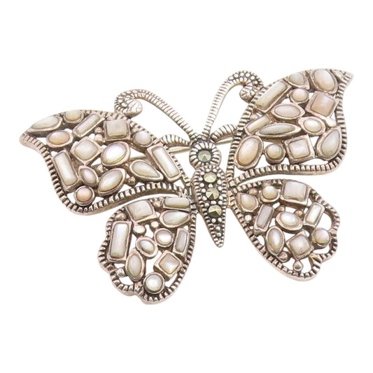 925 Sterling Silver Vintage Brooch Pin Moonstone & Marcasite Butterfly  BP12434