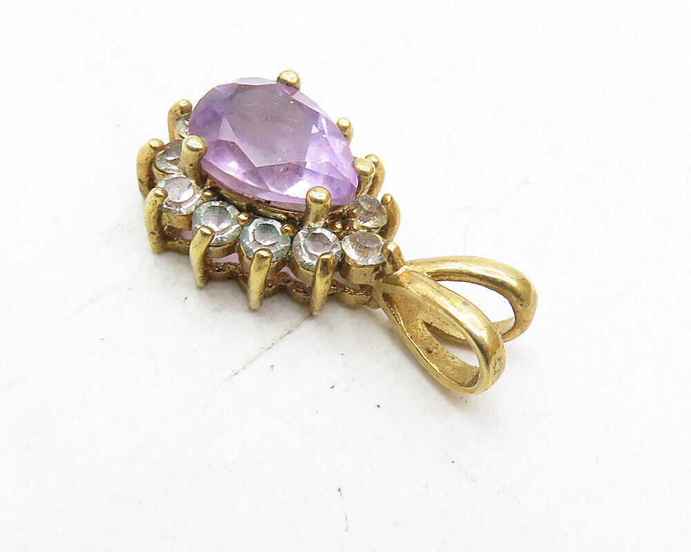 925 Sterling Silver  Vintage Amethyst & Topaz Shiny Tear Drop Pendant  PT7502