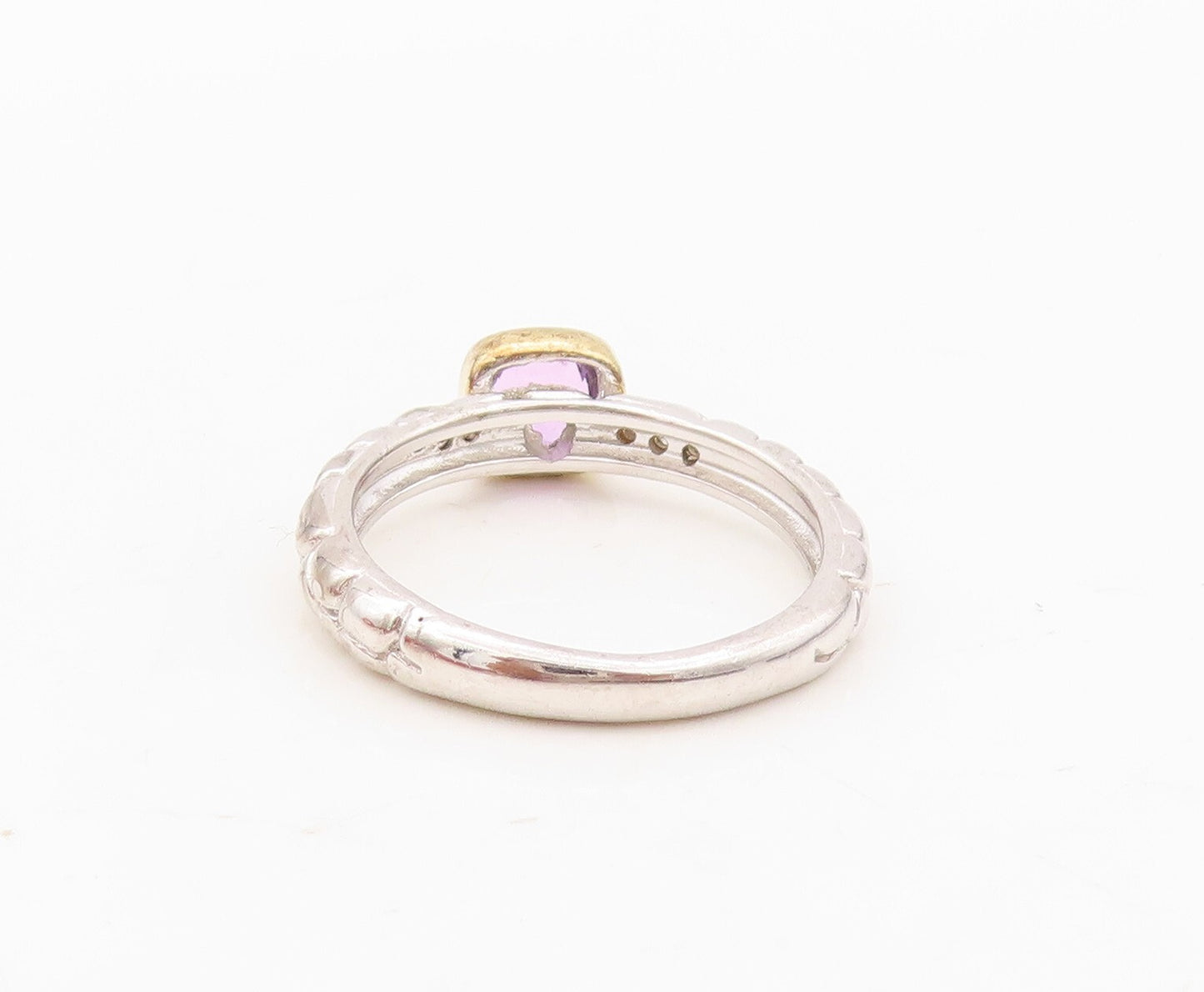 925 Sterling Silver Vintage Ring Diamonds & Square Amethyst Inlay  Sz 7  RG30453