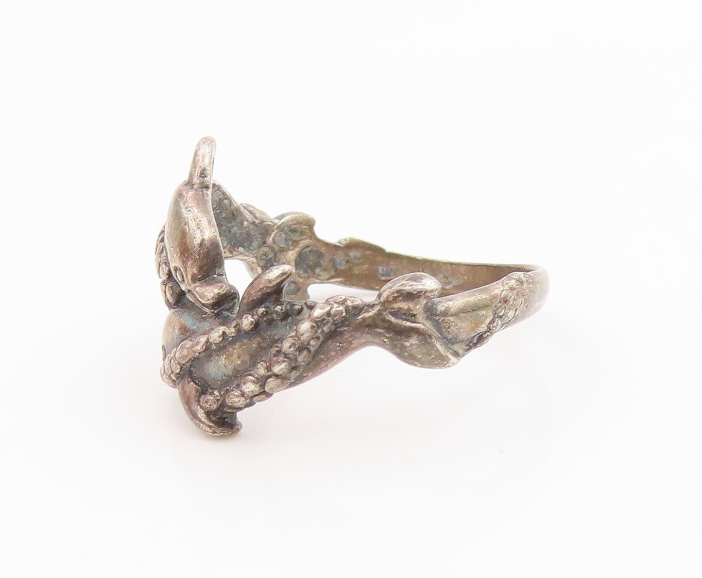 925 Sterling Silver Vintage Ring Intertwined Dolphins Motif  Sz 8.5  RG35896