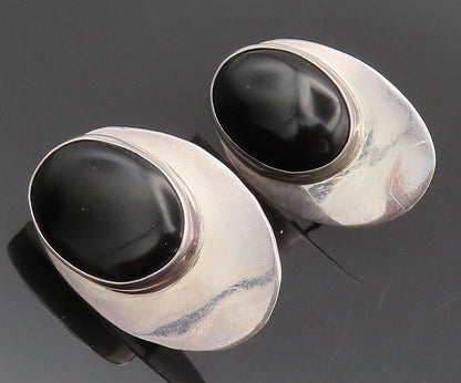 MEXICO 925 Silver  Vintage Minimalist Large Oval Onyx Clip Earrings  EG12651