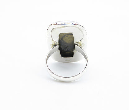 925 Sterling Silver  Brown Jasper Shiny Border Cocktail Ring Sz 6  RG7810