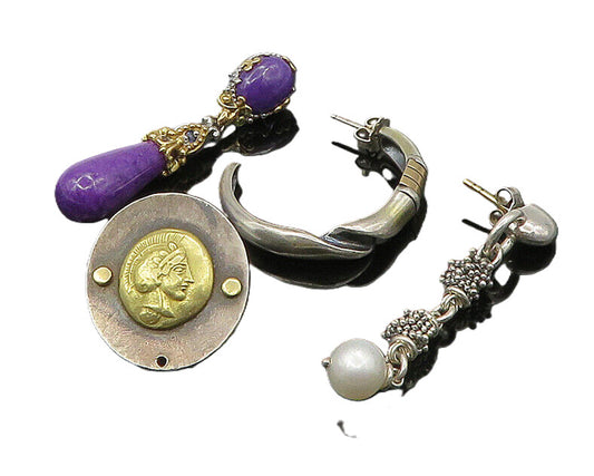 DESIGNER 925 Silver & 14K GOLD  Vintage Pearl Lot Single Earrings  EG11383