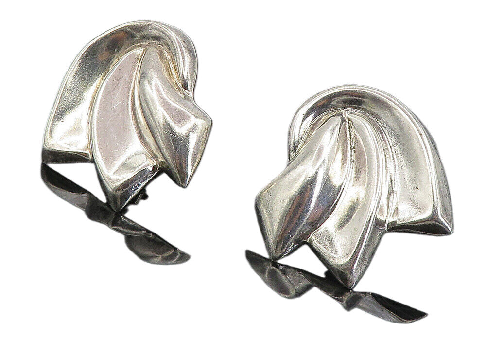 MEXICO 925 Sterling Silver Vintage Shiny Modernist Non Pierce Earrings  EG4408