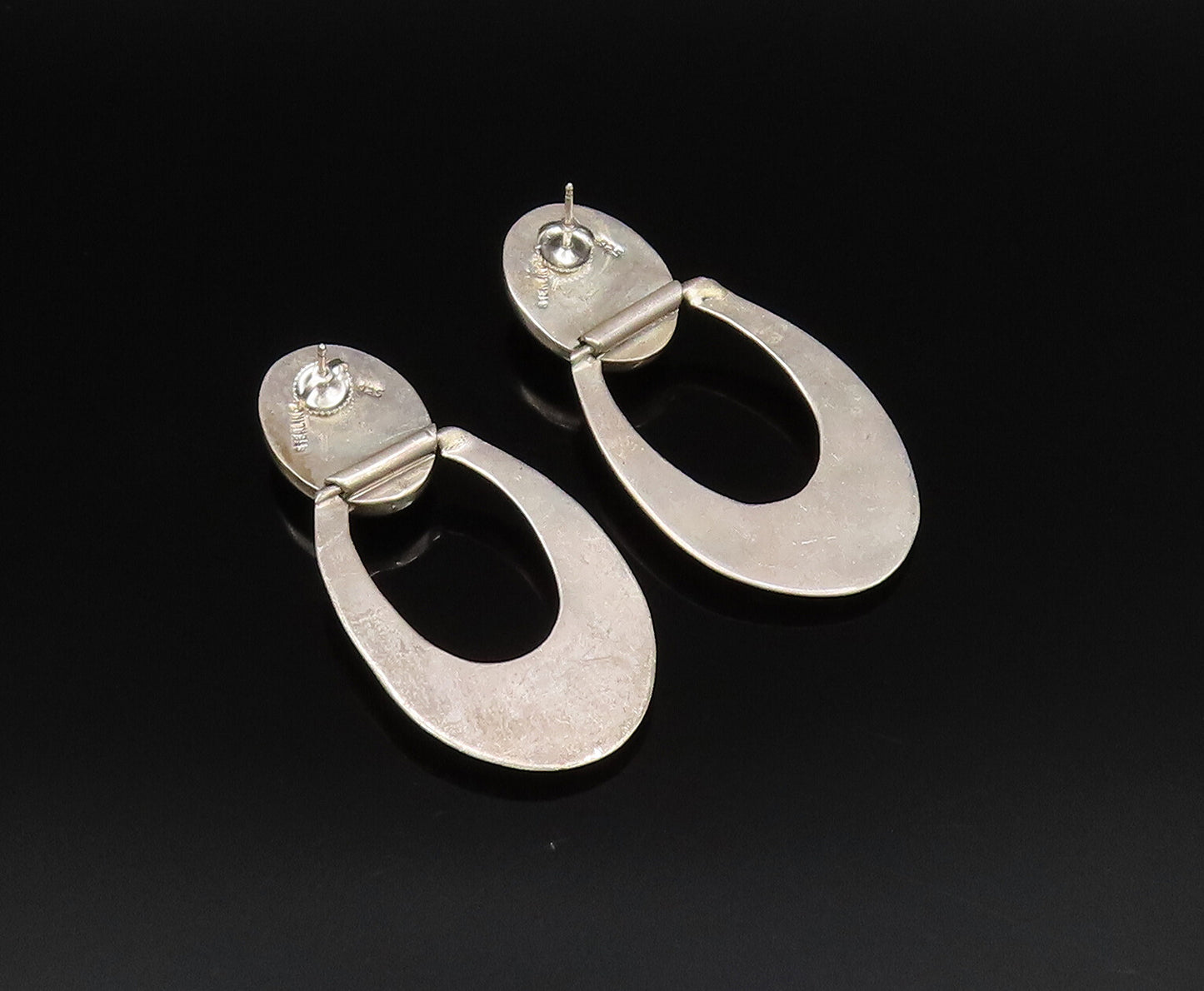 925 Sterling Silver Vintage Cabochon Black Onyx Open U Dangle Earrings EG12130