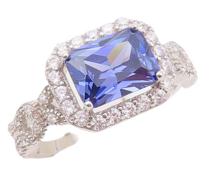 925 Sterling Silver Vintage Ring Designer CZ & Rectangle Sapphire  Sz 7  RG30689
