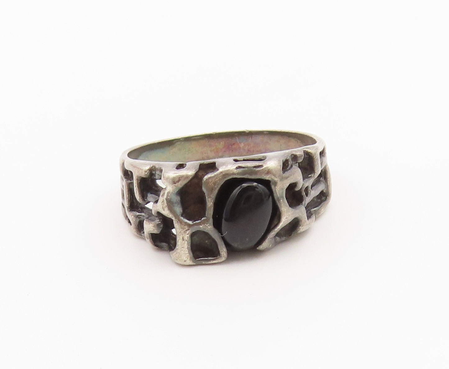 925 Sterling Silver Vintage Ring Black Onyx Brutalist Band  Sz 10.5  RG36522