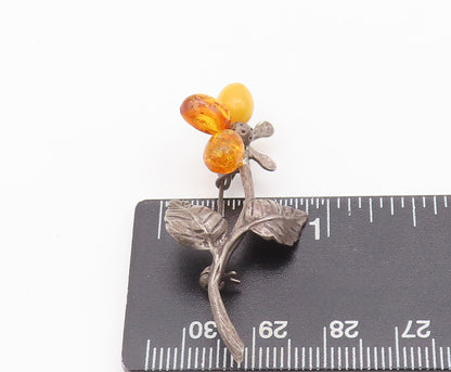 925 Sterling Silver Vintage Brooch Pin POLAND Amber Leaves Carved Flower BP10681