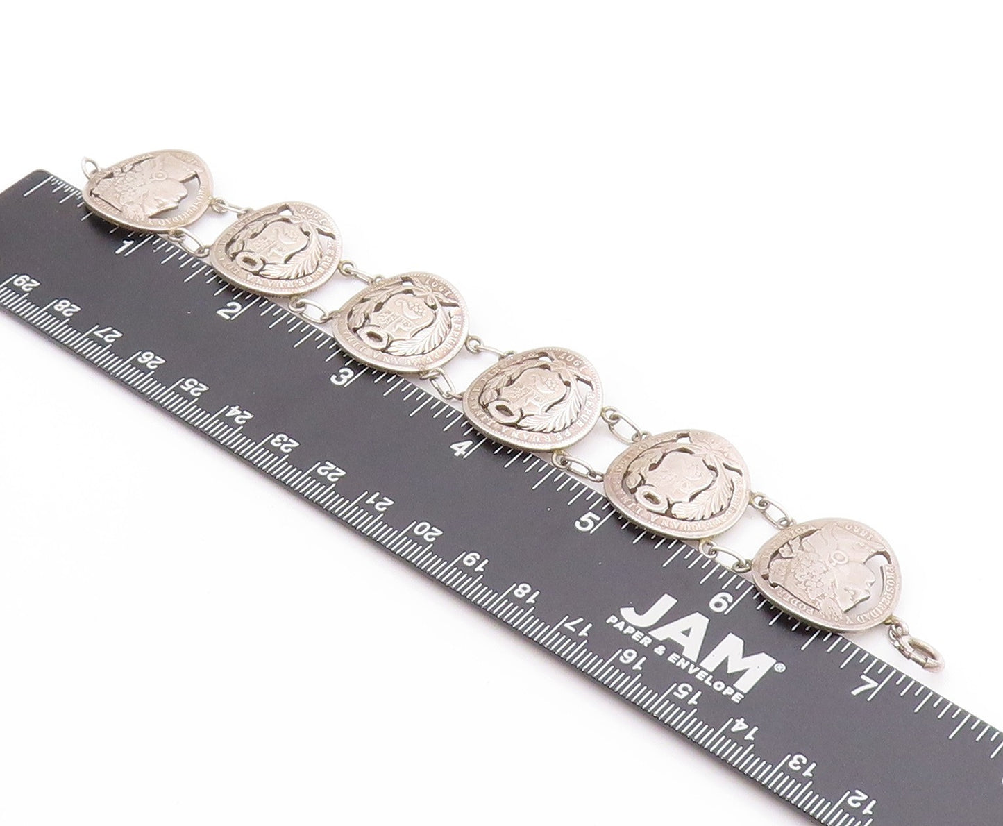 925 Sterling Silver Vintage Bracelet Antique Royal Peruana Coins   BT11264