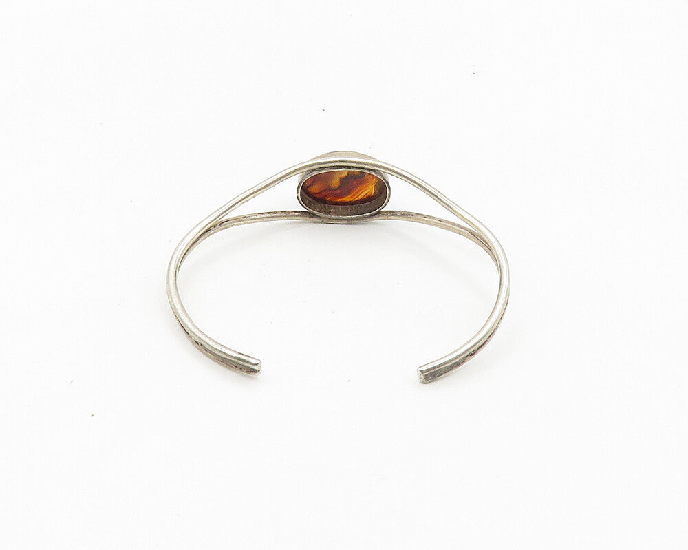 925 Sterling Silver  Vintage Cabochon Cut Amber Split Cuff Bracelet  BT7437