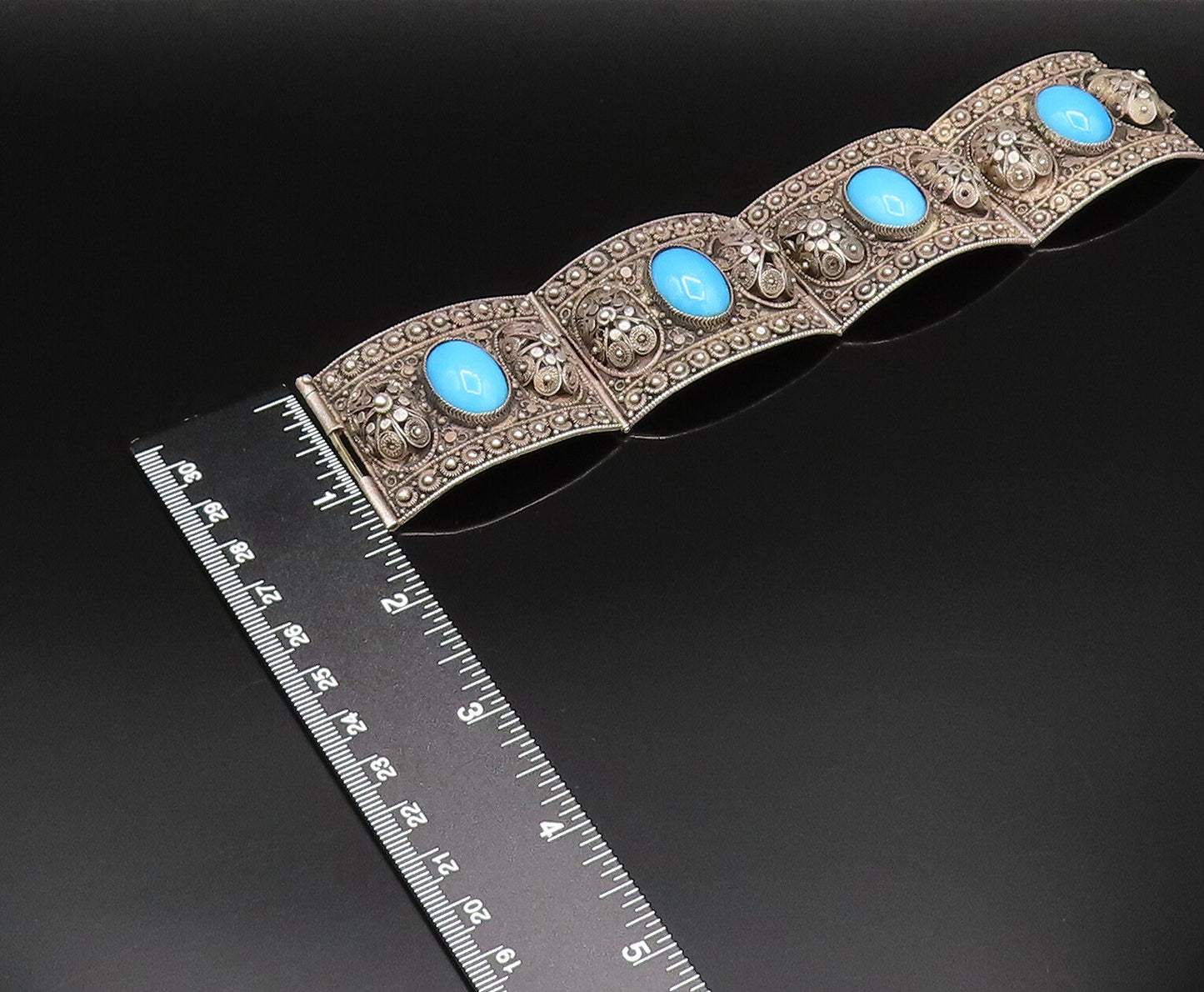 ISRAEL 925 Silver  Vintage 3D Spiral Floral Turquoise Link Bracelet  BT9577