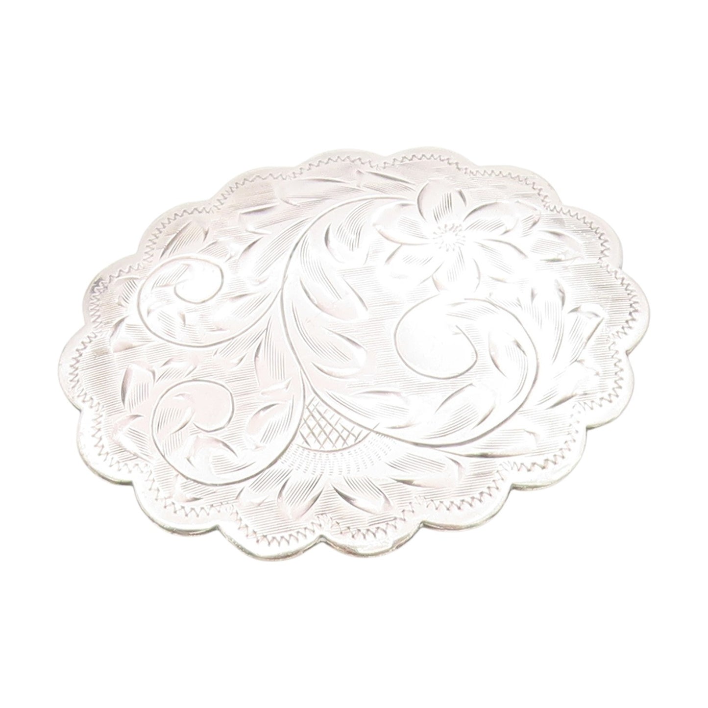 925 Sterling Silver Vintage Brooch Engraved Swirly Floral Scalloped Pin  BP12106