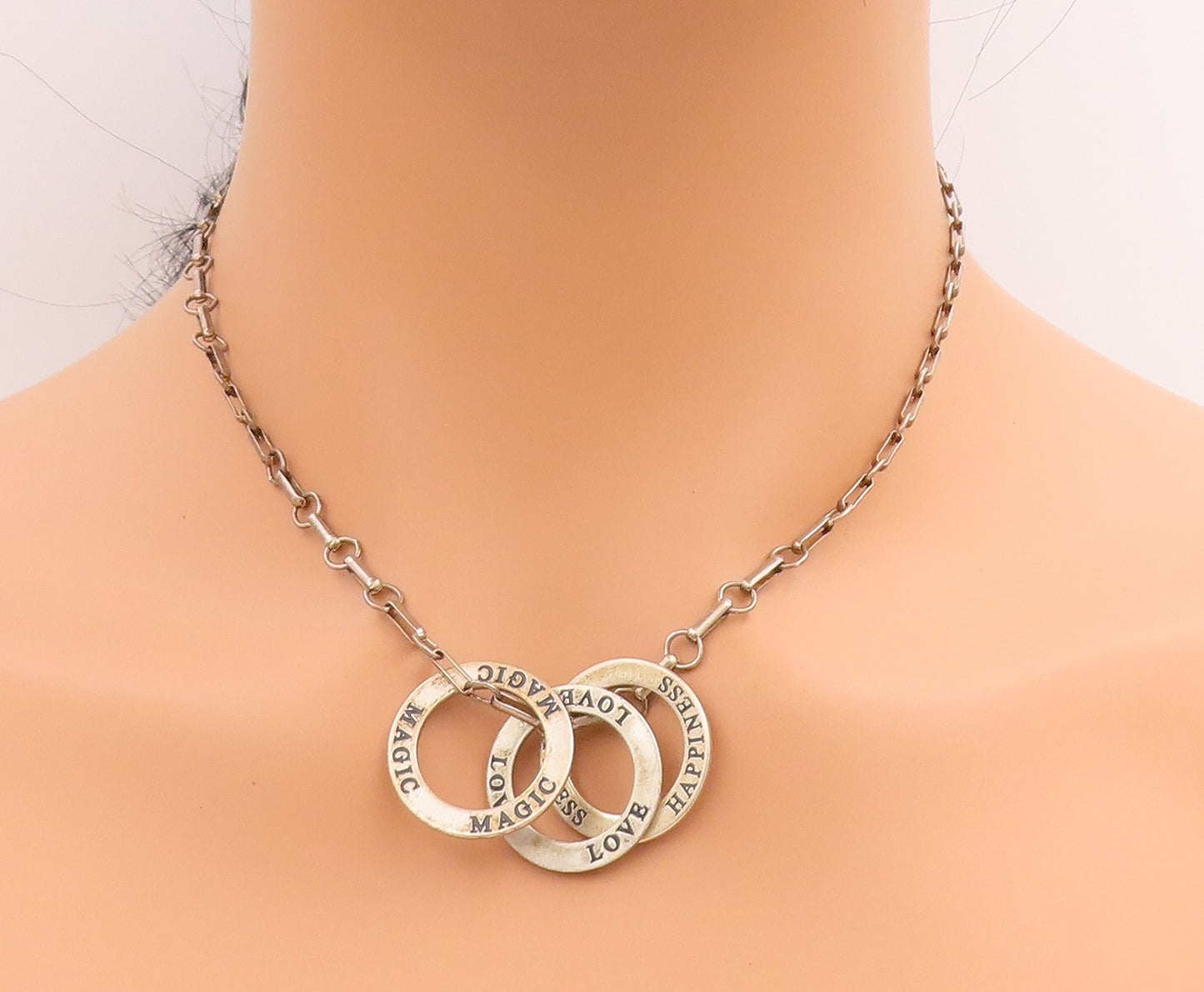 925 Sterling Silver Vintage Necklace With Engraved Love Happiness Magic  NE4616